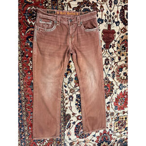 Rock Revival Sebastian Straight Men’s Jeans Size 36 Red Brown Distressed Contras
